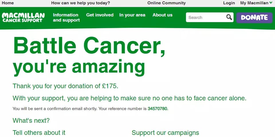 I have donated £175 to Macmillan Cancer Research